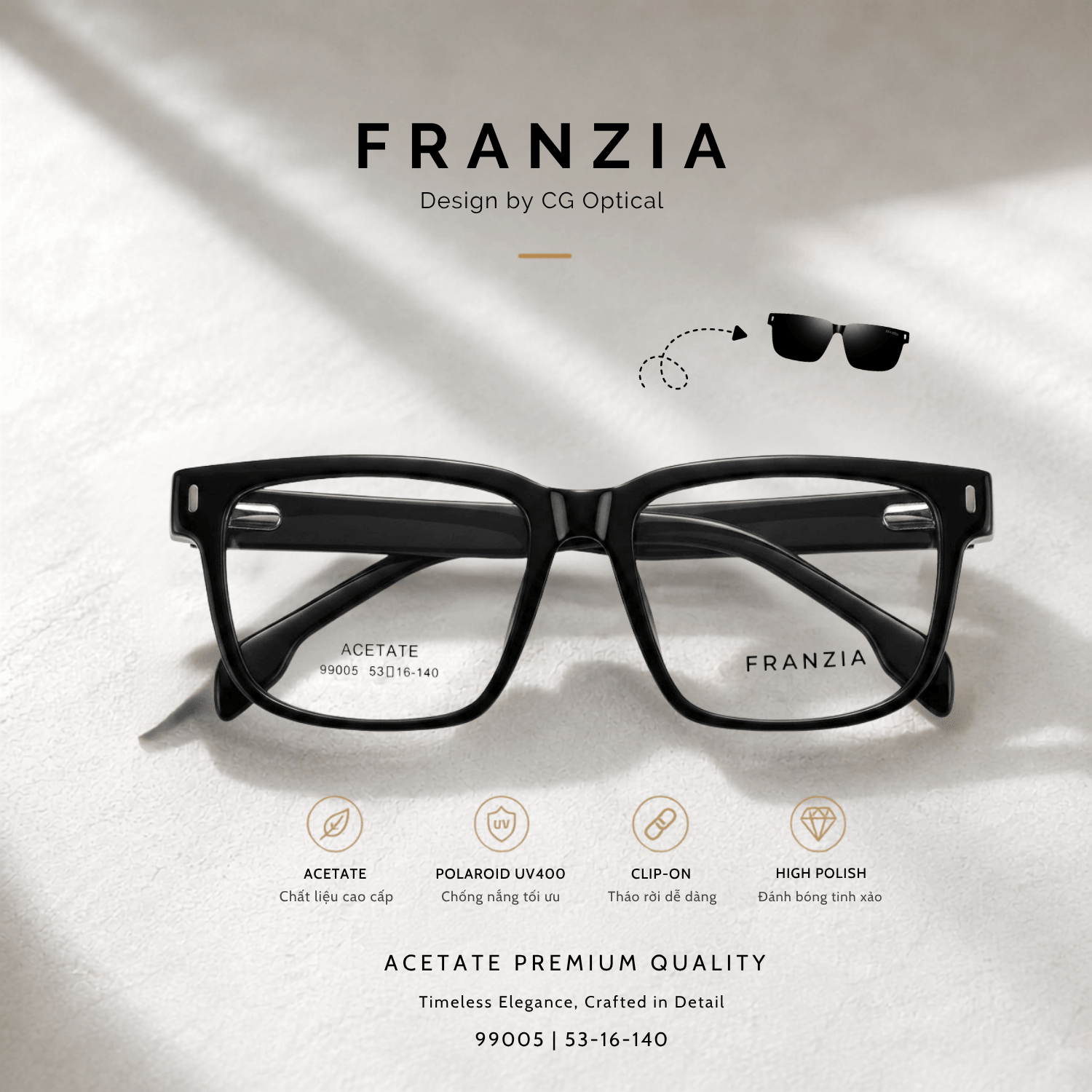 Kính Mát Clip-On FRANZIA Acetate Handmade Cao Cấp - Mã Gọng 99004 - 3