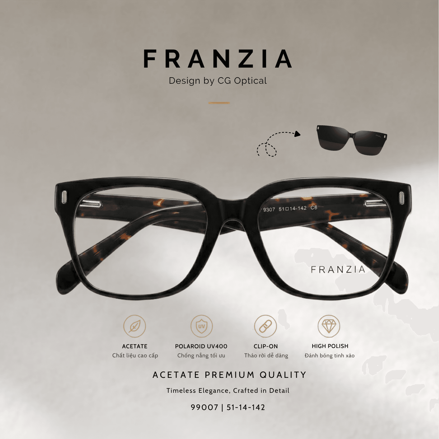 Kính Mát Clip-On FRANZIA Acetate Handmade Cao Cấp - Mã Gọng 99007