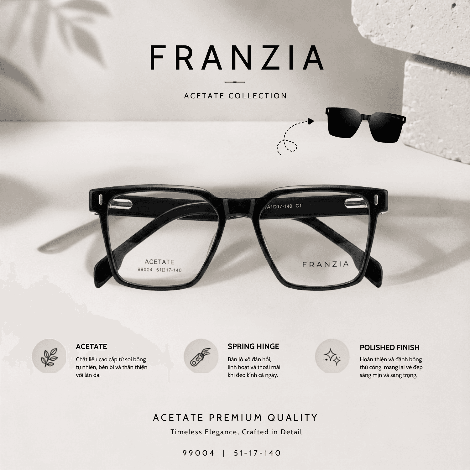 Kính Mát Clip-On FRANZIA Acetate Handmade Cao Cấp - Mã Gọng 99004
