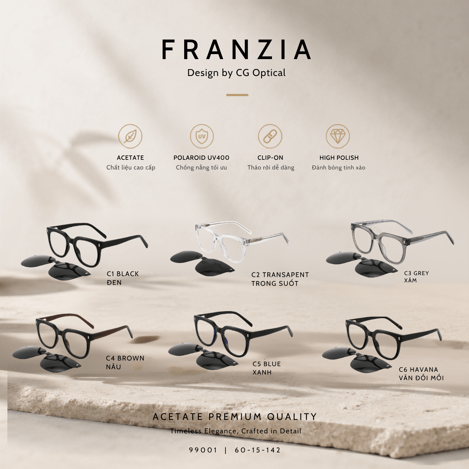 Kính Mát Clip-On FRANZIA Acetate Handmade Cao Cấp - Mã Gọng 99001 - 3