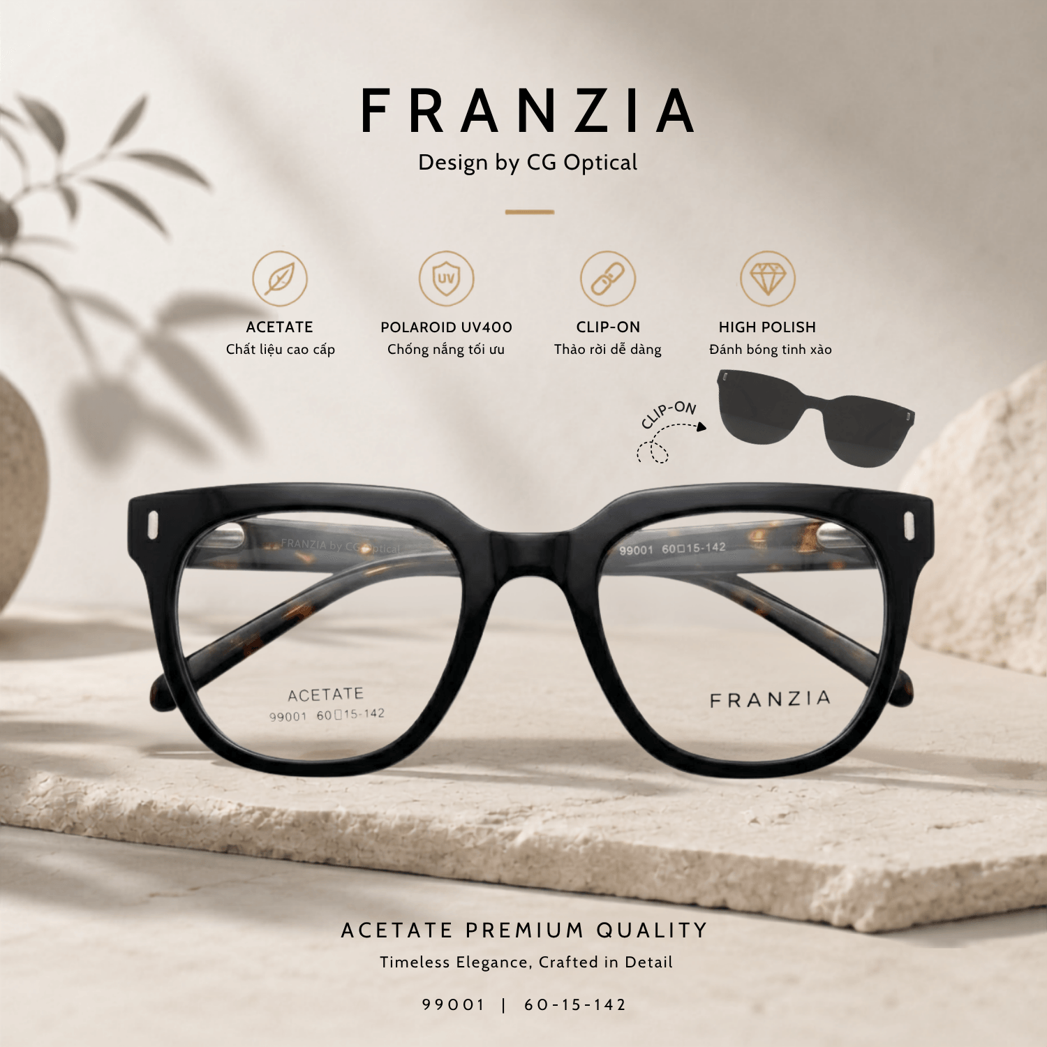 Kính Mát Clip-On FRANZIA Acetate Handmade Cao Cấp - Mã Gọng 99001 - 2