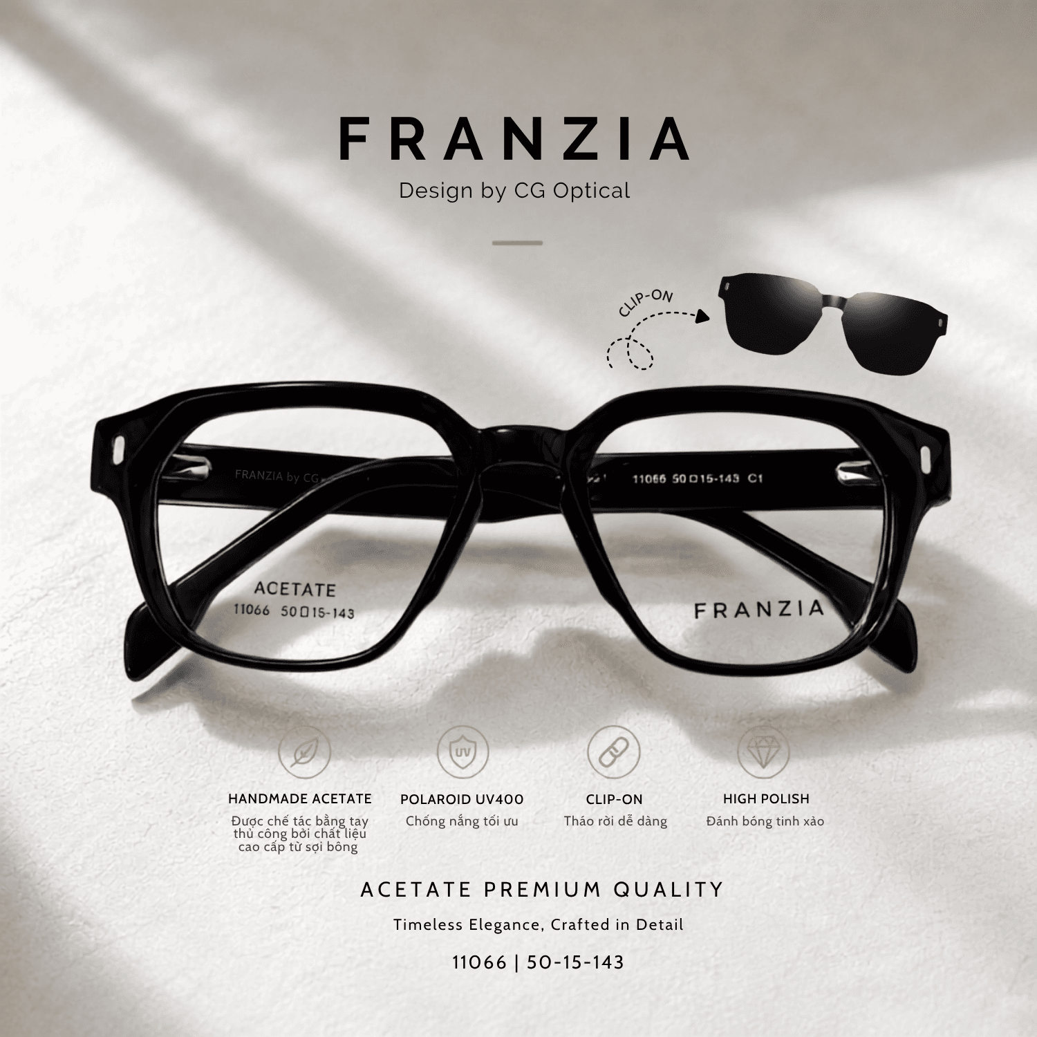 Kính Mát Clip-On FRANZIA Acetate Handmade Cao Cấp - Mã Gọng 11066